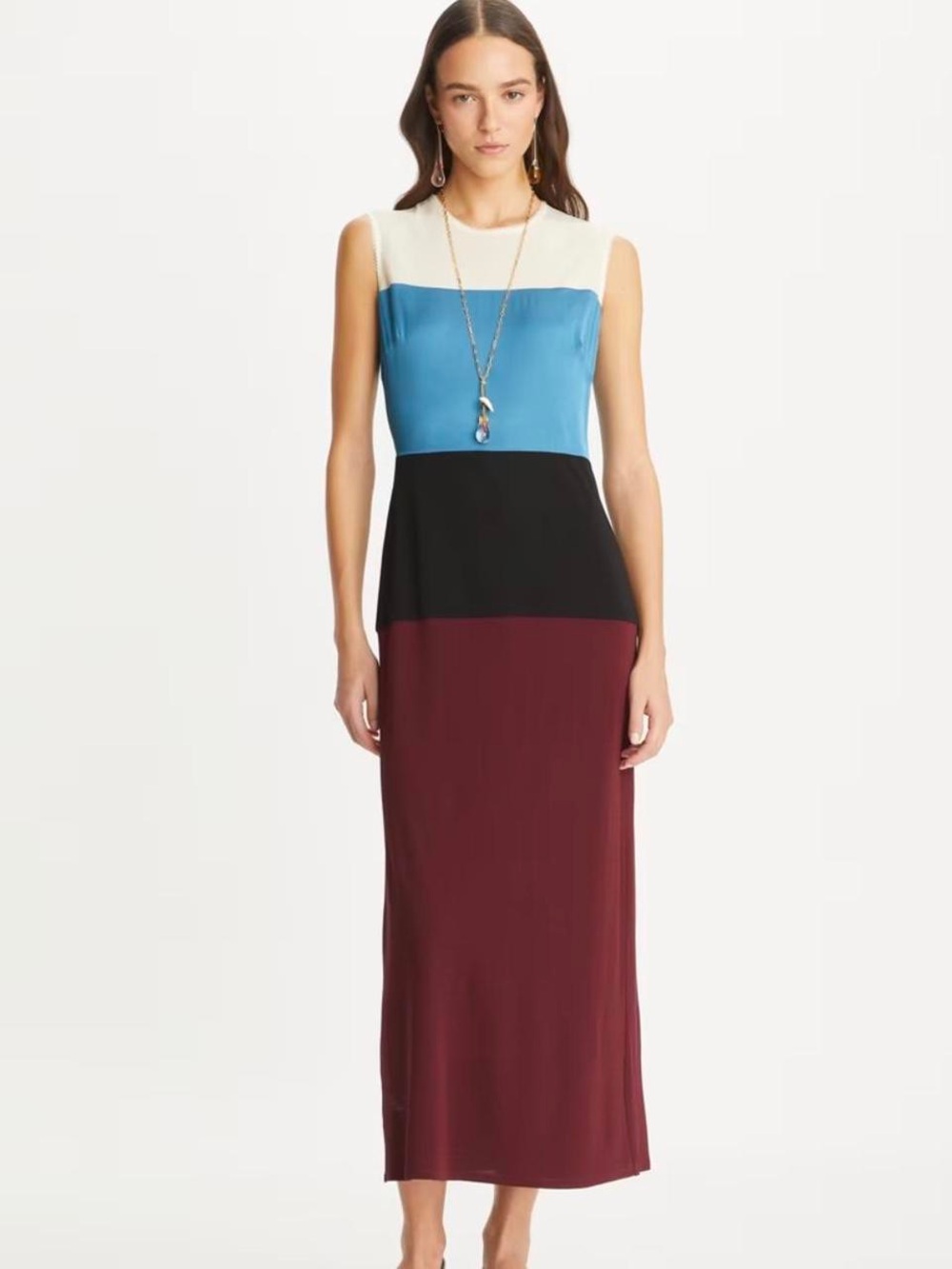 Tory Burch Colorblock Sleeveless Maxi Dress in Cream, Blue, Black & Burgundy